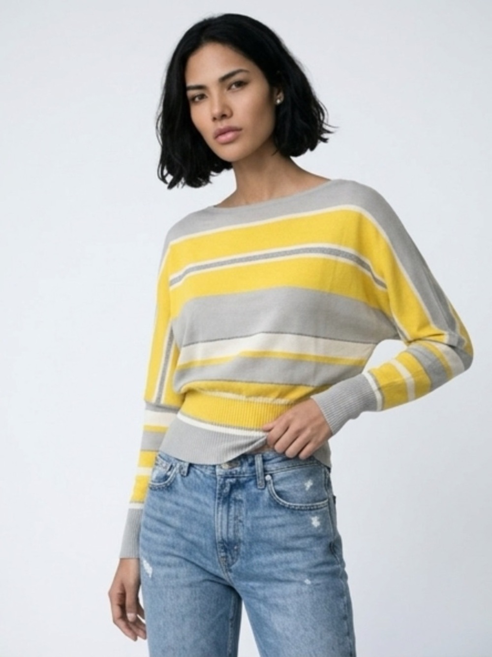 Luisa Spagnoli Lightweight Sweater, ribbed hem&sleeves, silver/yellow stripes, S - Picture 2 of 14